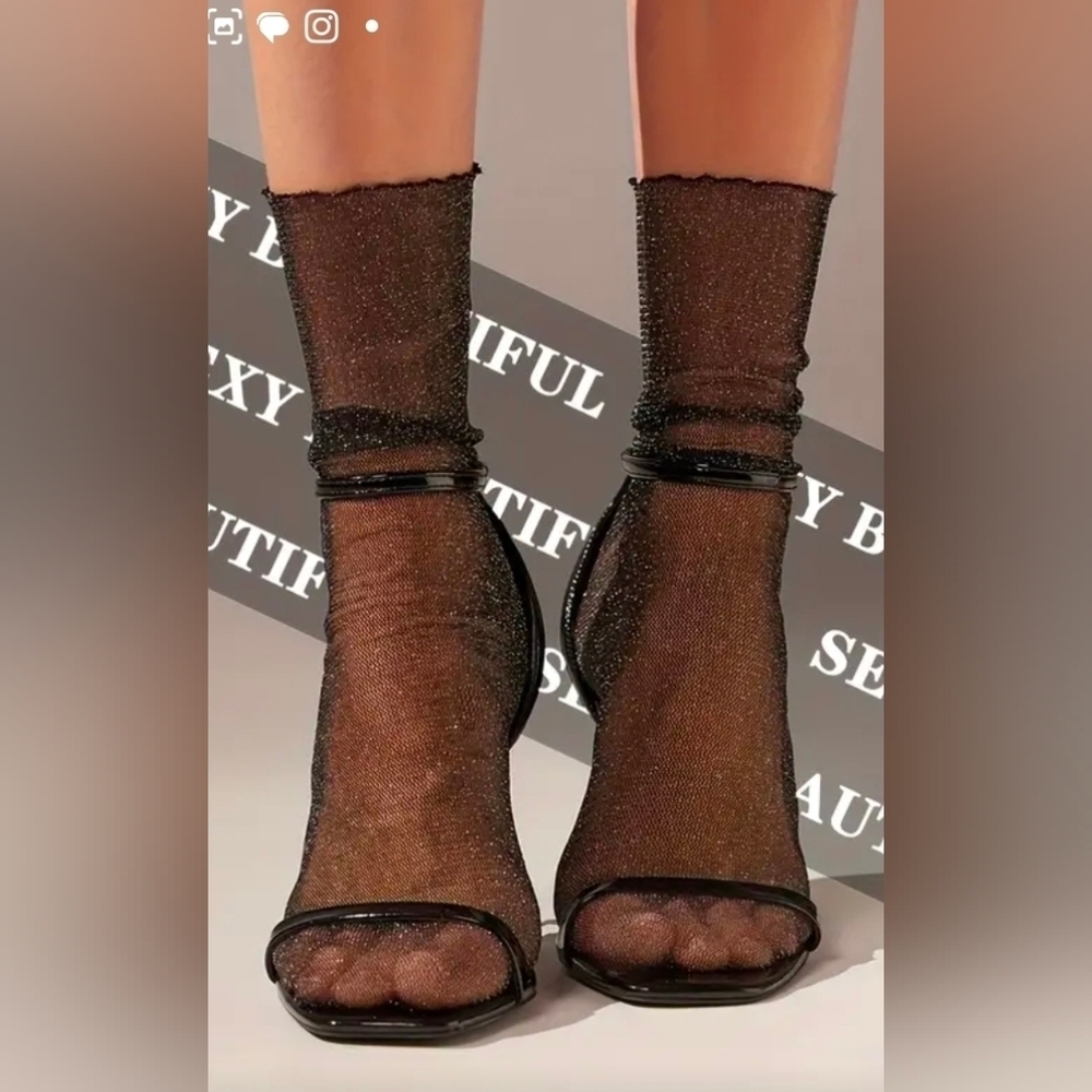 Elegant Black Shimmer Mesh Mid-Calf/Ankle Socks With Back Seam